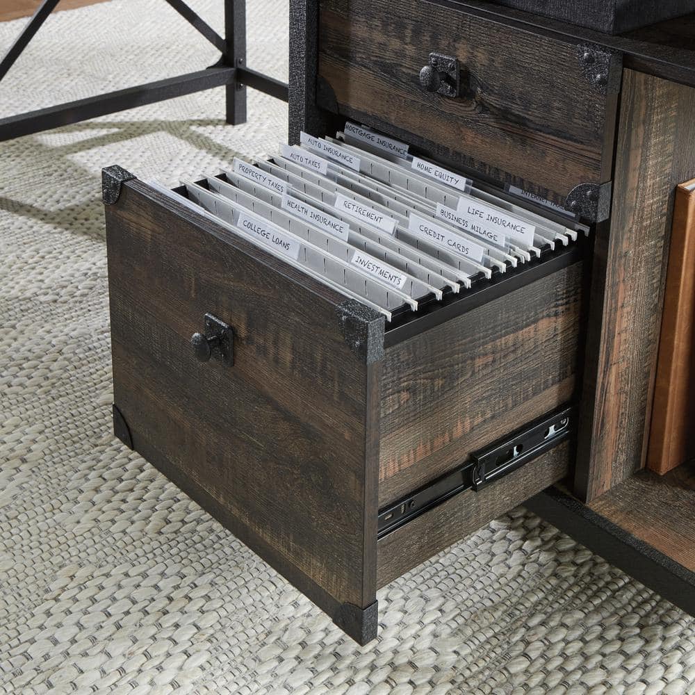 Brown Wood Computer Desk with Drawer and Filing Cabinet