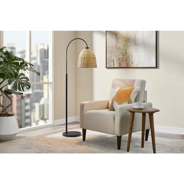 Hampton Bay Highler 61 in. Matte Black Floor Lamp with Natural Rattan Shade