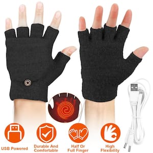 USB Wool Heated Gloves Mitten Half Fingerless Glove Electric Heated Gloves, Black
