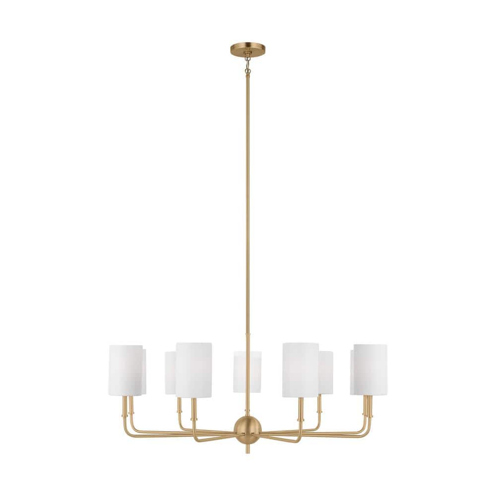 Satin Brass 36" Nine-Light Chandelier with White Linen Shades