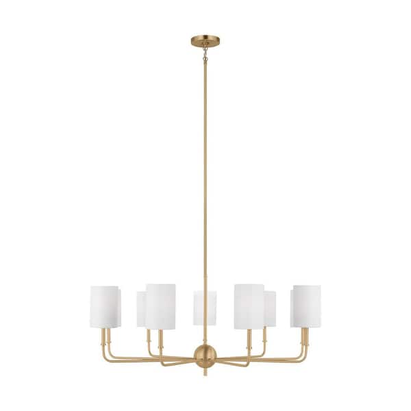 Generation Lighting Foxdale 9-Light Satin Brass Chandelier with White Linen Fabric Shades