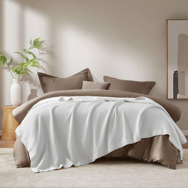 Waffle Weave White Cotton Full/Queen Woven Blanket