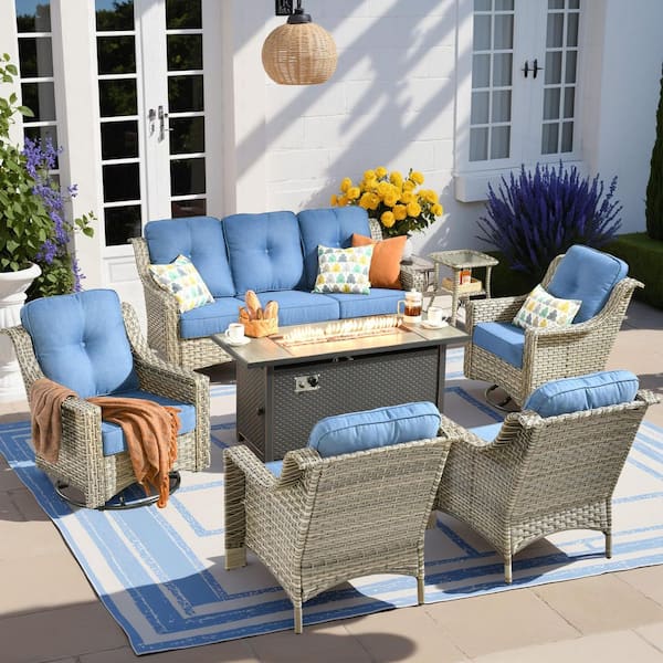HOOOWOOO Cherry 7-Piece Wicker Outdoor Fire Pit Furniture Patio Conversation Sofa Set with Swivel Chairs and Sky Blue Cushions