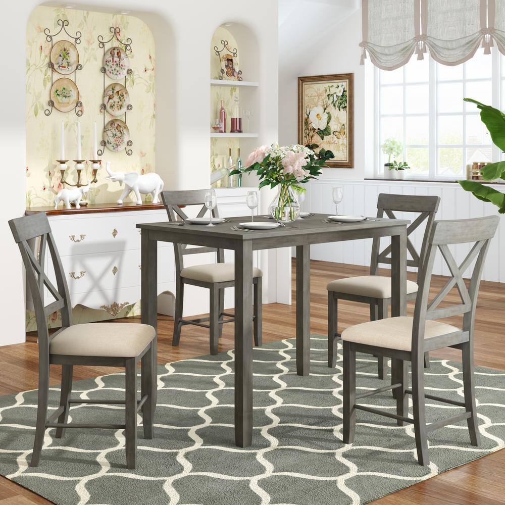 Harper & Bright Designs 5-Piece Wood Top Gray Counter Height Dining ...