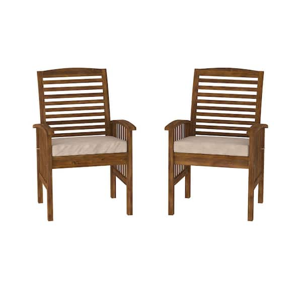Zeus & Ruta 2-Piece Dark Brown Wooden Patio Slat-Back Outdoor Seating Set with Beige Cushions for Patio, Garden, Poolside, Backyard