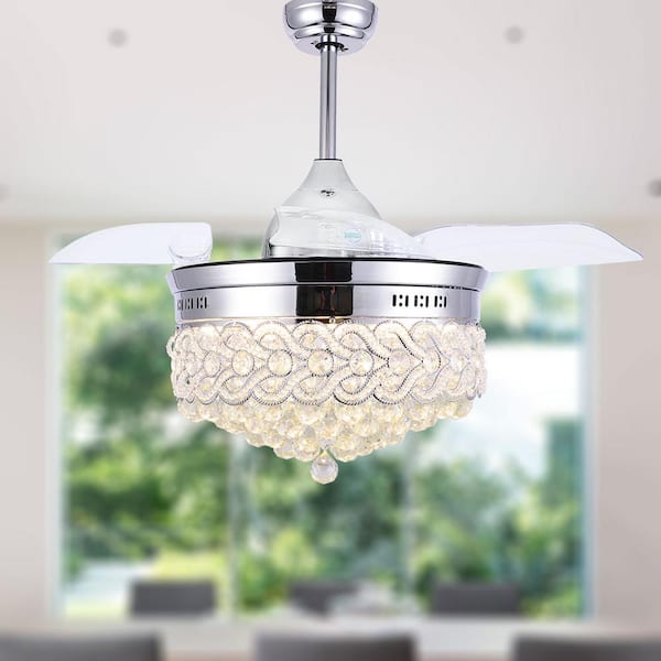 Silver 42" Crystal Retractable Blade Ceiling Fan Light Remote LED Chandelier 