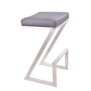 26 in. Gray and Silver Low Back Metal Frame Barstool with Faux Leather Seat