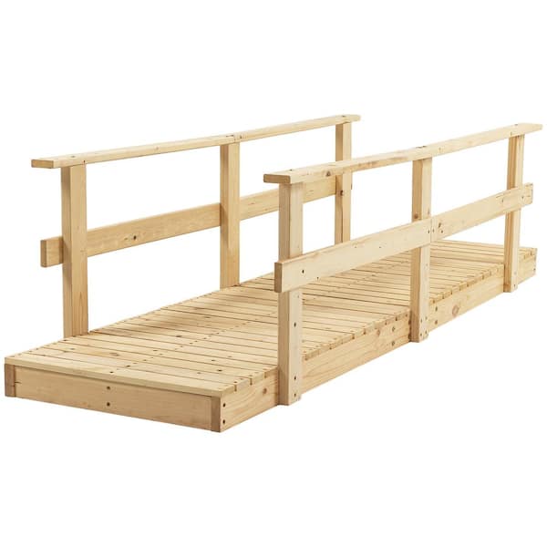 Otryad 7 ft. Wooden Garden Bridge with Safety Rails, Backyard Footbridge for Ponds, Creeks, Streams, Stained Finish-Natural