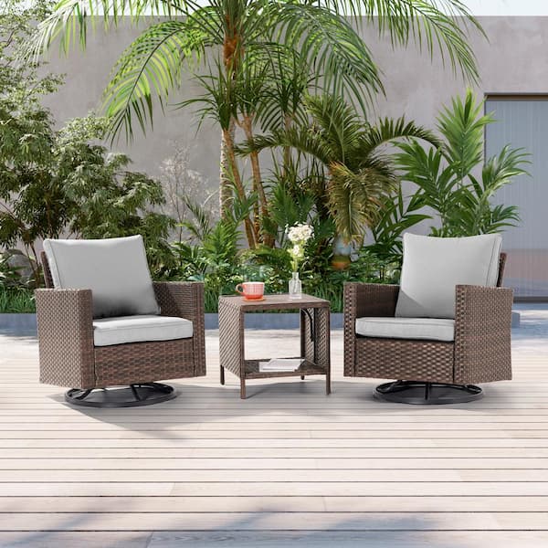 JOYESERY 3-Piece Brown Wicker Patio Bistro Set Swivel Rocking Chairs for Outdoor Occasions of Lawn, Linen Grey