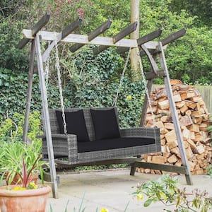 2-Person Patio Hanging Porch Swing Rattan 800LBS Swing Bench w/Black Cushions