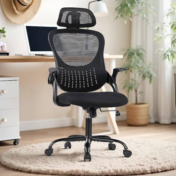 High-Back Mesh Adjustable Headrests Ergonomic Drafting Chair Office Chairs in Black with Flip-up Arms