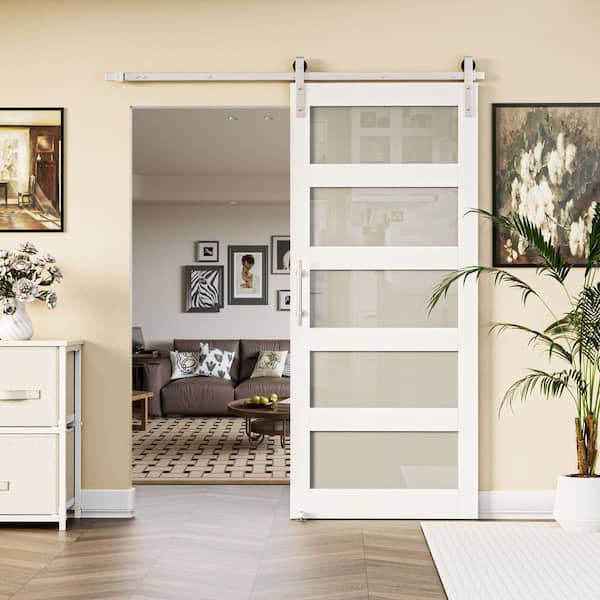 ARK DESIGN 36 in. x 84 in. 5-Lite Frosted Glass White Finished MDF Sliding Barn Door with Soft Close and Hardware Kit Nickel-Plated