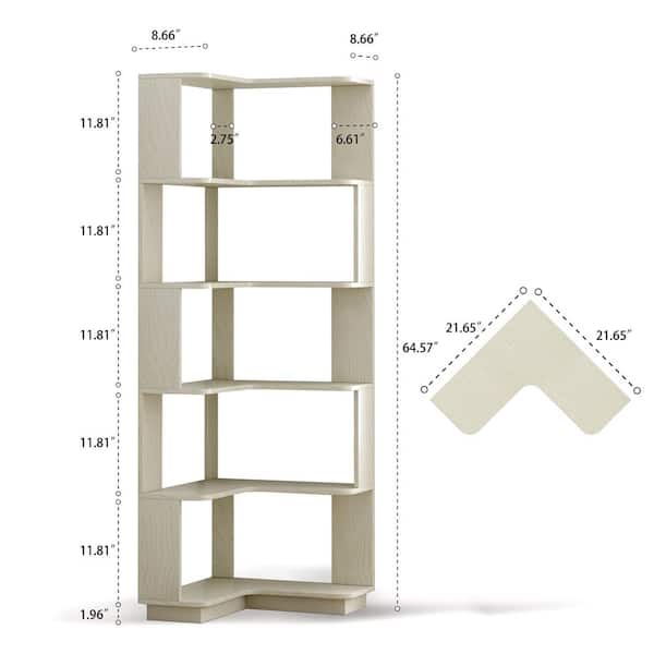 Capron 64.57 in. White Oak Wood L-Shaped 5-Tier Bookcases, Open Storage Rack Organizer for Home Office