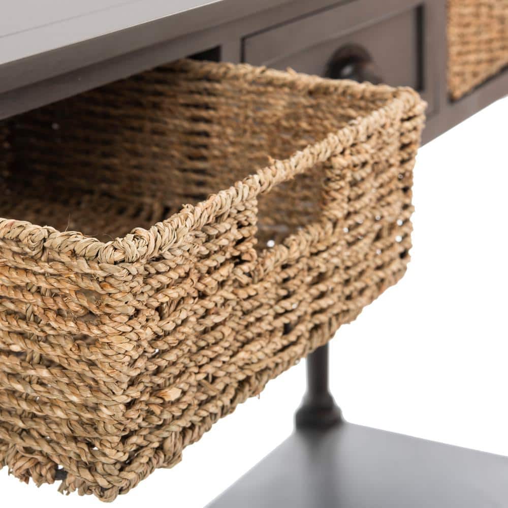 Gray Transitional Wood Console Table with Wicker Storage