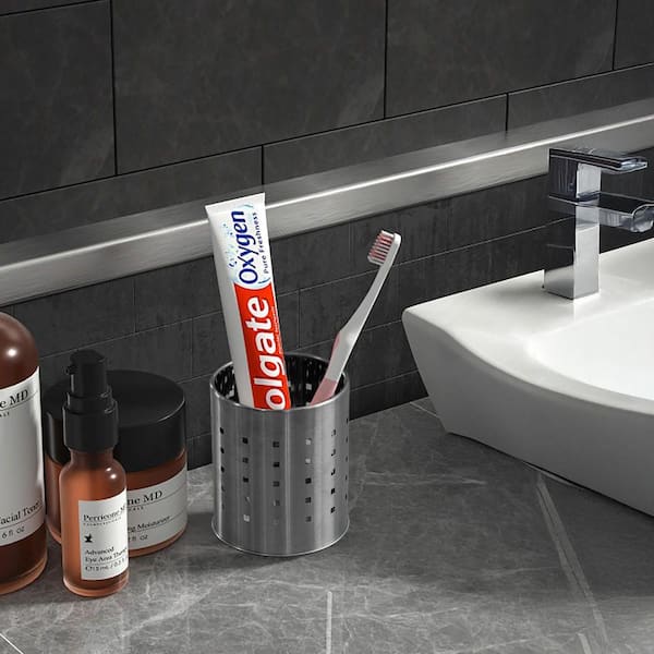 Round Metal Utensil Holder Countertop Organizer with Drain Holes Stylish Storage Solution for Kitchen Counter, Silver