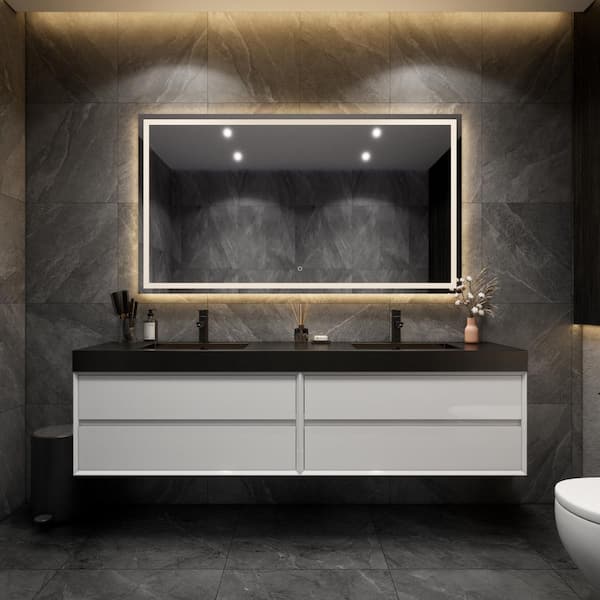 BV Better Vanity MIA 84 in. W x 20 in. D x 24 in. H Double Sink Floating Bath Vanity in Gloss White with Black Stainless Steel Top