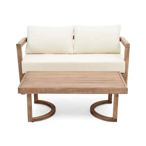 Acacia Wood Outdoor Loveseat with Coffee Table for Porch, Garden, Backyard, Balcony with Beige Cushions