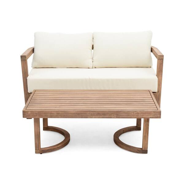 Unbranded Acacia Wood Outdoor Loveseat with Coffee Table for Porch, Garden, Backyard, Balcony with Beige Cushions