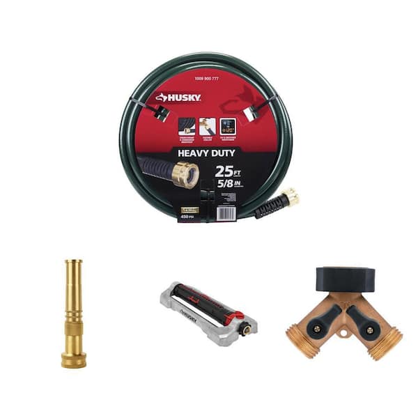 Heavy-Duty Brass Faucet Adapter, Husky Brass Nozzle, 5/8 in. x 25 ft. Hose and 4500 sq. ft. Sprinkler Combo