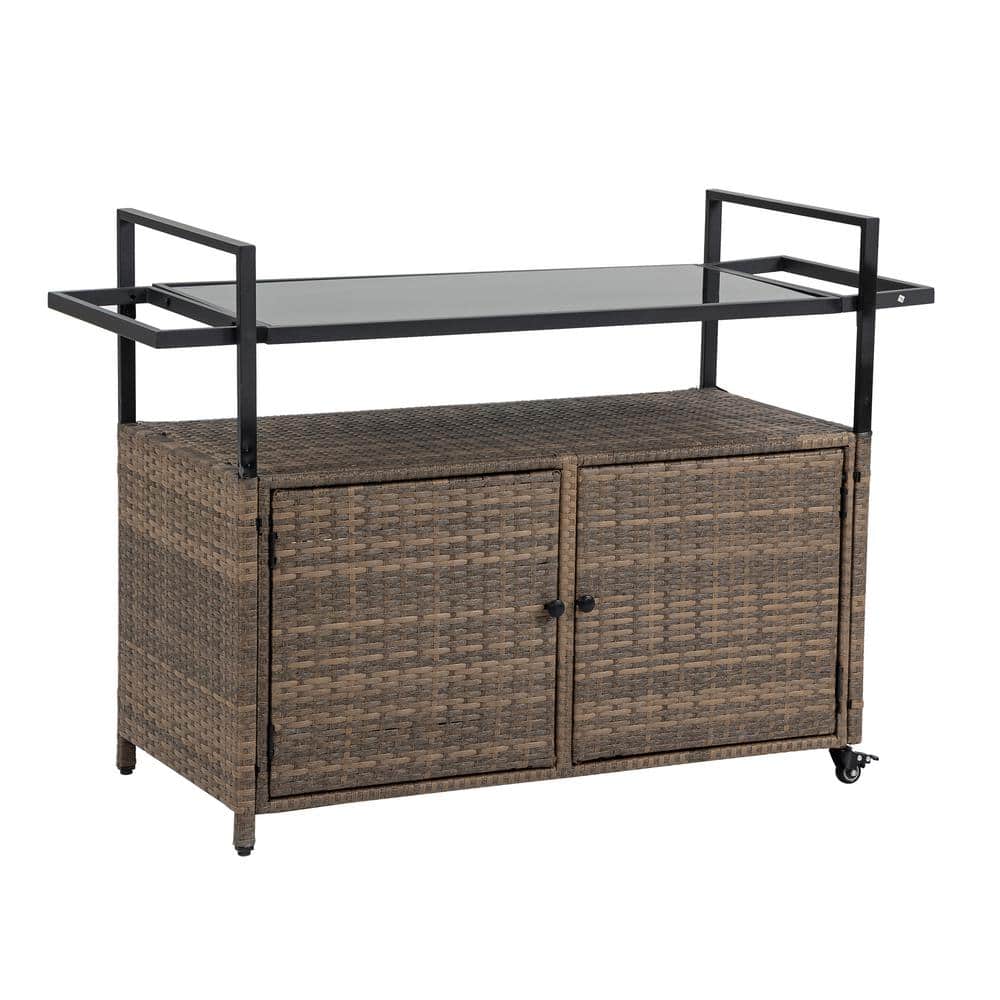 Outdoor Wicker Bar Cart, Patio Wine Serving Cart with Wheels and Glass Top for Backyard Garden Poolside Party, Brown price history on PriceWatchPro