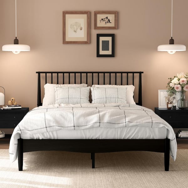 Mid-Century Modern Black Wood Frame Queen Platform Bed with Windsor Headboard Panel Bed