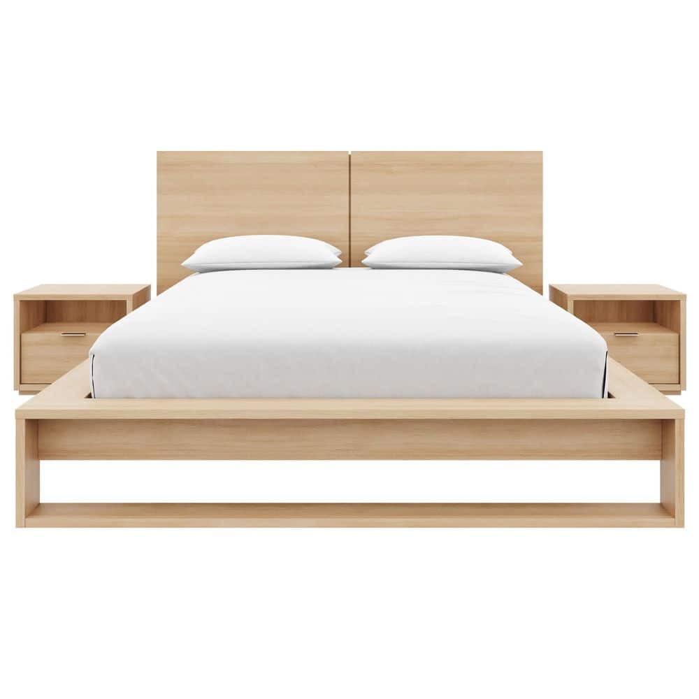 Nexera Lido Beige Oak Frame Queen Size Platform Bed with Slats