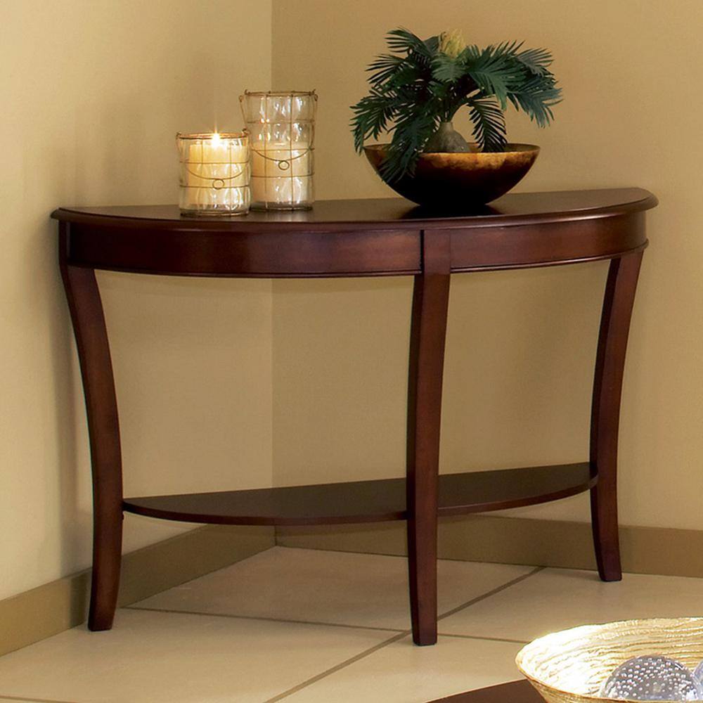 Brown Wood Demilune Sofa Table with Storage