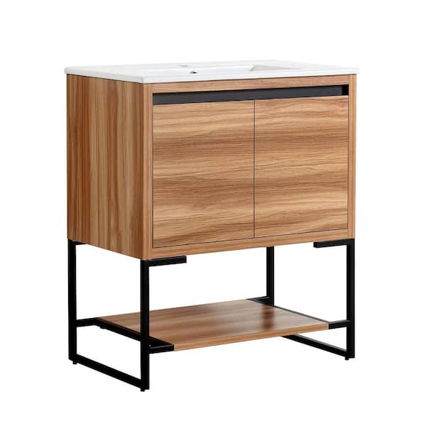 JimsMaison 30 in. W x 18 in. D x 34.25 in. H Bathroom Vanity in Maple with White Ceramic Vanity Top with White Basin