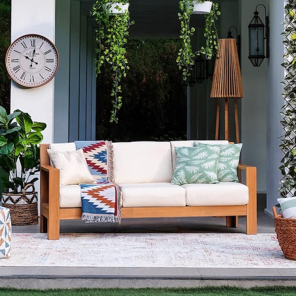 Logan Teak Outdoor Couch Patio Sofa with Sunbrella Vellum Cushion