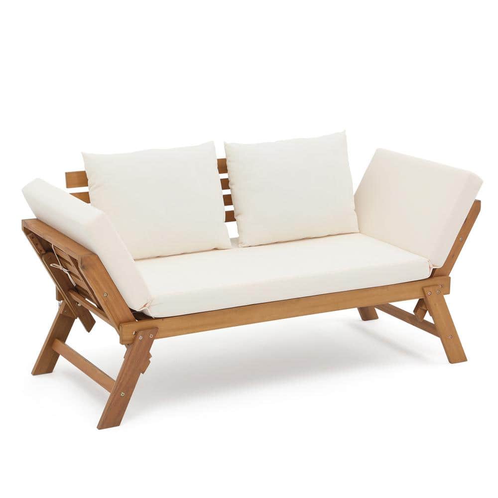 Acacia Wood Outdoor Sofa Day Bed with White Cushion