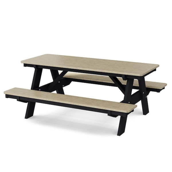 Heritage 72 in. Weathered Wood and Black Rectangle HDPE Plastic Picnic Table Seats 6 People