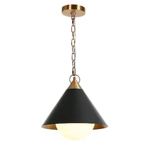 Libbaconion 40-Watt 1- Light Matte Black and Plating Brass Pendant Light with White Jade Glass and No Bulb Included