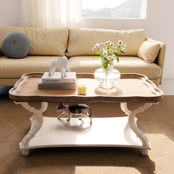 FUIN Farmhouse Natutal Rectangle Tray Top Wood Coffee Table