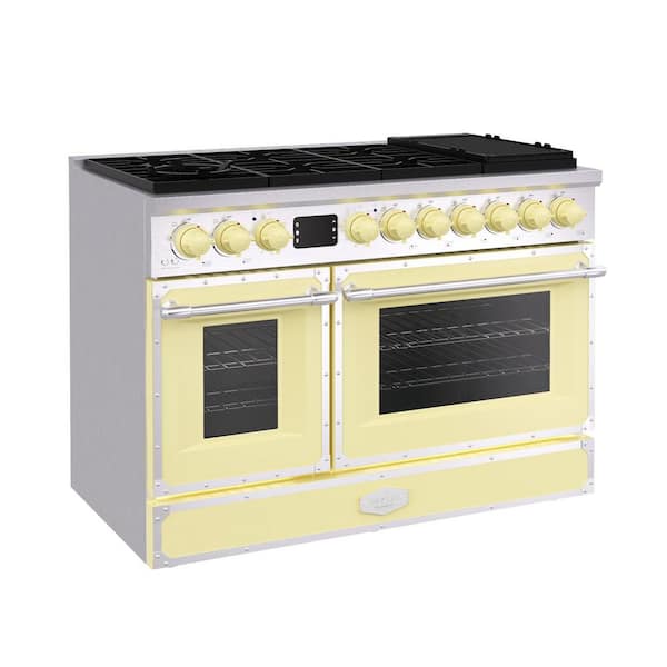 48 in. Freestanding Gas Range with 8 Burners, Double Convection Oven and Griddle, in Cream Yellow with Stainless Steel