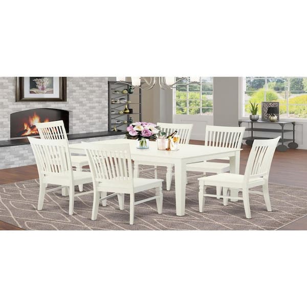 East West Furniture 7-Piece Linen White Finish Solid Wood Top Dining Table with 6 Chairs with Lattice Back