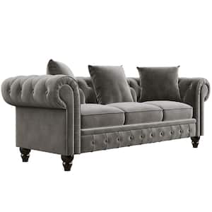 80 in. W Rolled Arm Velvet Classic Chesterfield Straight Deep Button Tufted Sofa in Gray with 3-Pillows