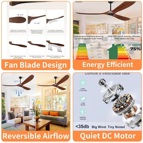 60 in. Modern Downrod Black Ceiling Fan, 3 Solid Wood Brown Blades, Remote Control & Wall Switch, 6-Speed, Without Light