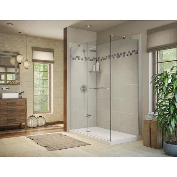 MAAX Utile Stone 32 in. x 60 in. x 83.5 in. Corner Shower Stall in Sahara with Left Drain Base in White