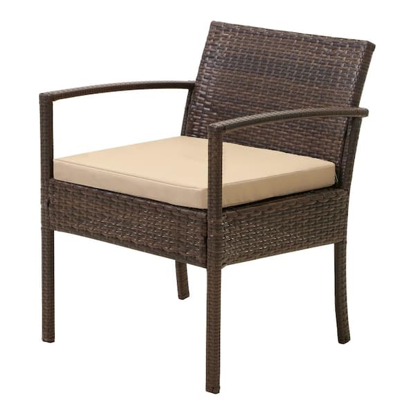 Unbranded Brown 3-Piece Rattan Wicker Patio Conversation Set Outdoor Table and Chairs with Yellow Cushions