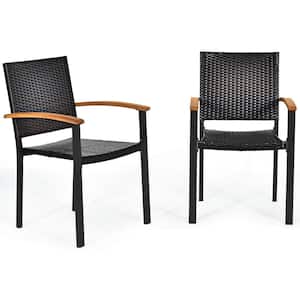 Black Unfolding Armchair Wicker Outdoor Dining Chair with Steel Frame Acacia Armrests Indoor and Outdoor (2-Pack)