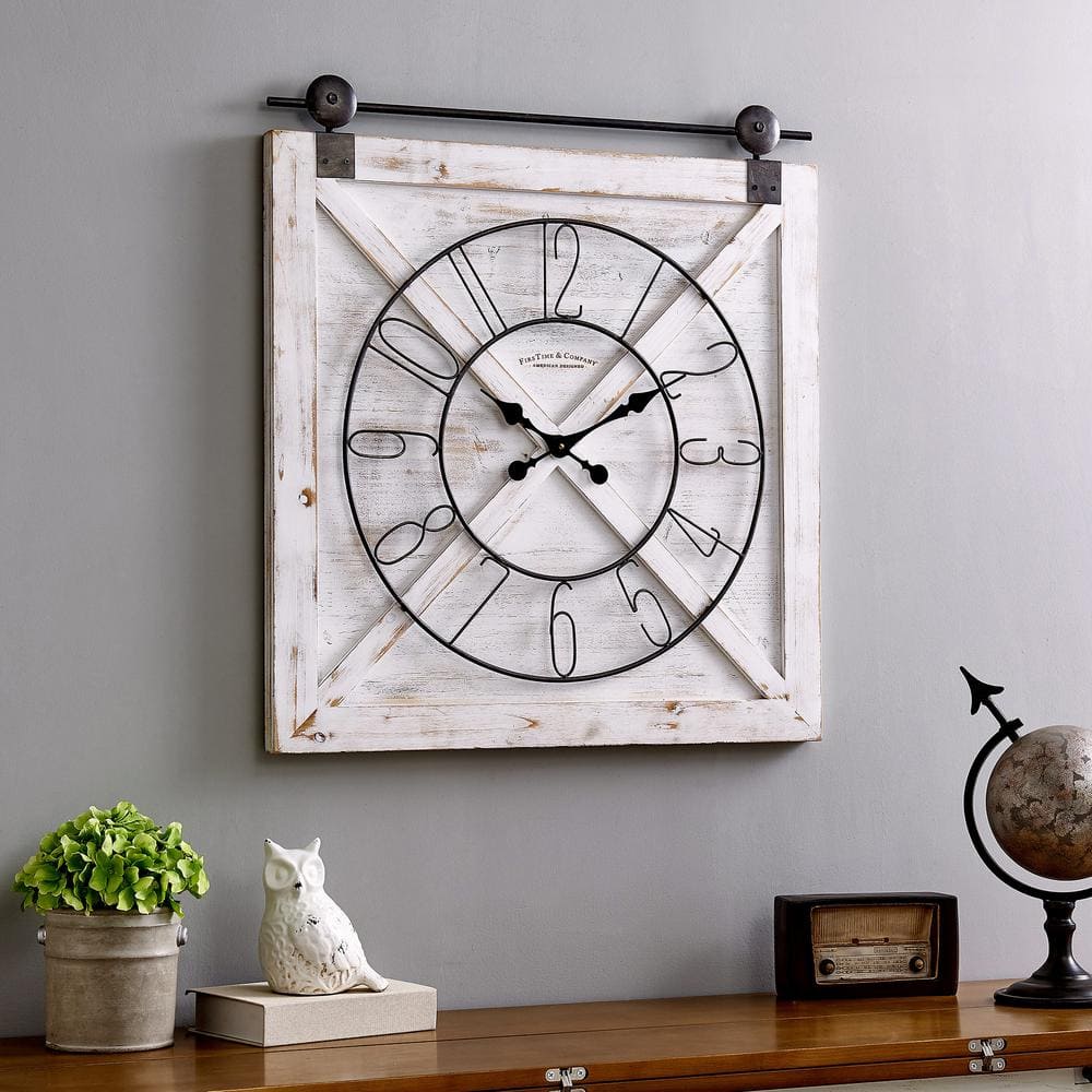 Weathered White Wood and Metal Farmhouse Barn Door Wall Clock