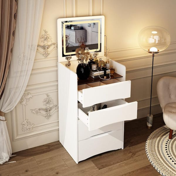 White Wood 3-Drawer Chest of Drawers with With Flip-top Mirror, Glass Top, LED Lights, Stool (18.7 in. W x 15.7 in. D)