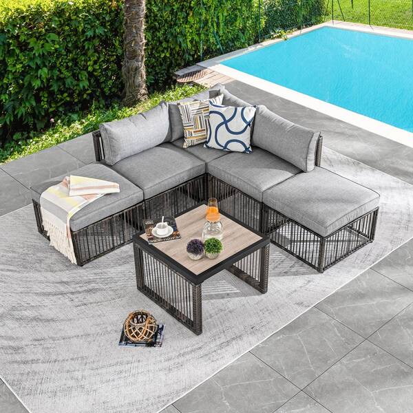 Patio Festival 6-Piece Wicker Patio Conversation Sectional Seating Set with Gray Cushions
