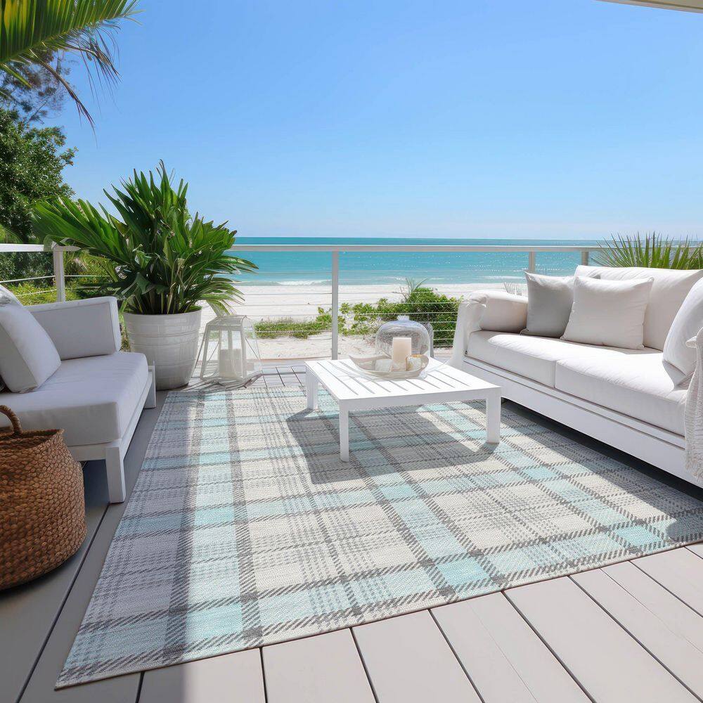 Sky Blue and Gray Synthetic Washable Plaid Area Rug