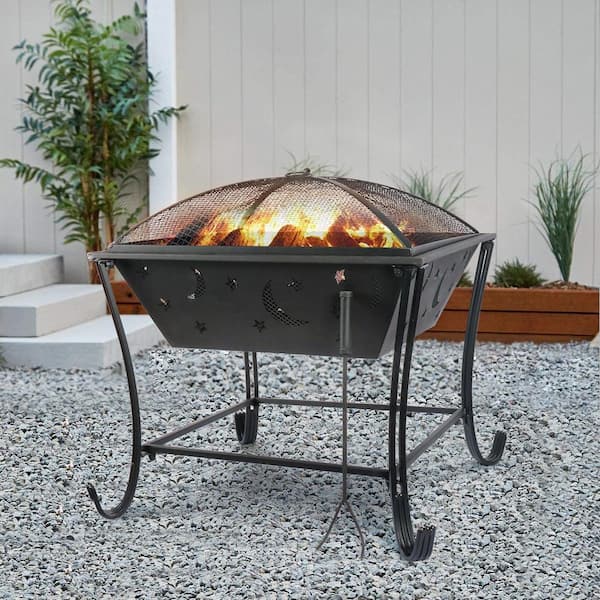 26" Square Fire Pit Fire Bowl Outdoor BBQ Burning Grill Patio Poker Grate Cover 