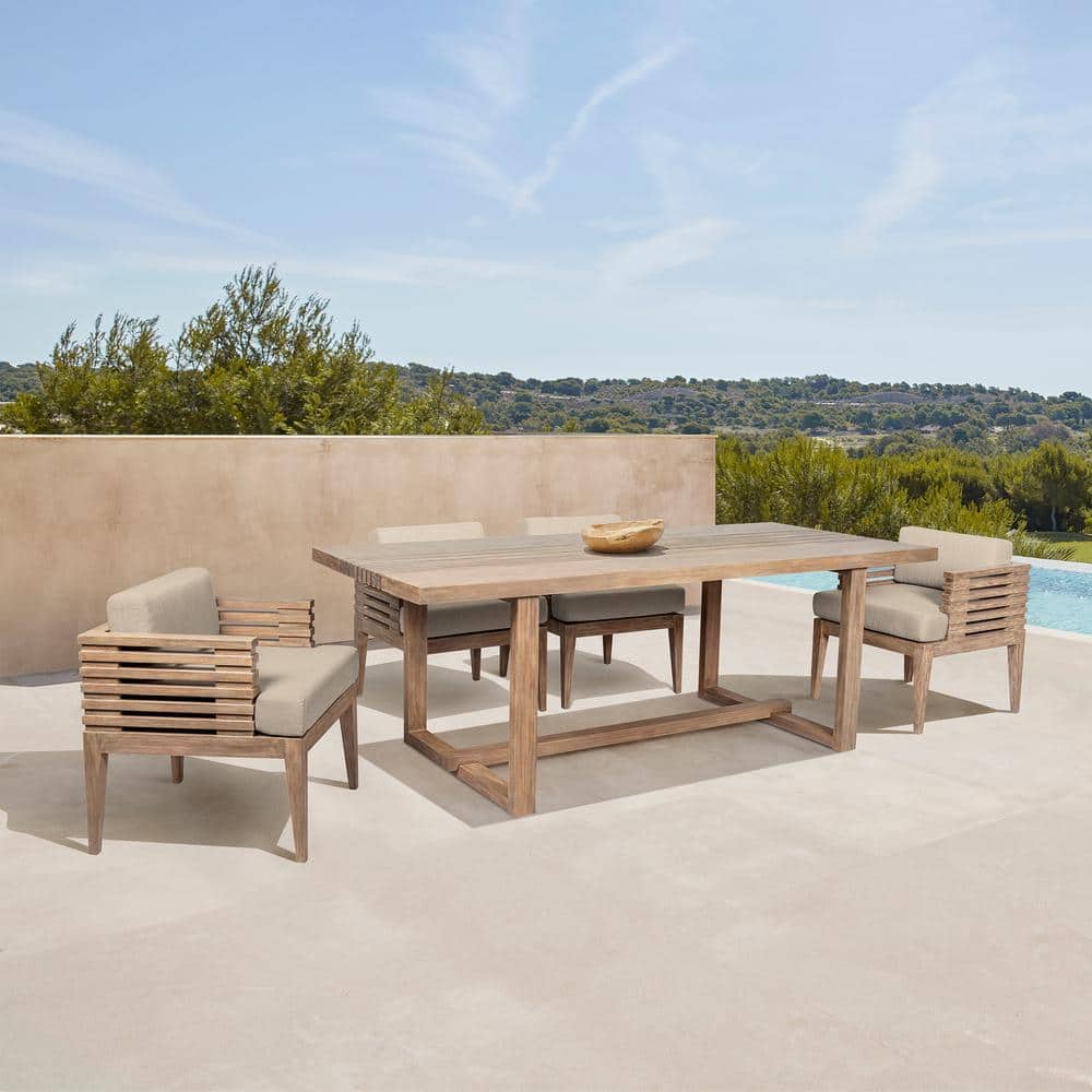 Vivid Light Brown 5-Piece Eucalyptus Wood Outdoor Dining Set with Taupe Cus