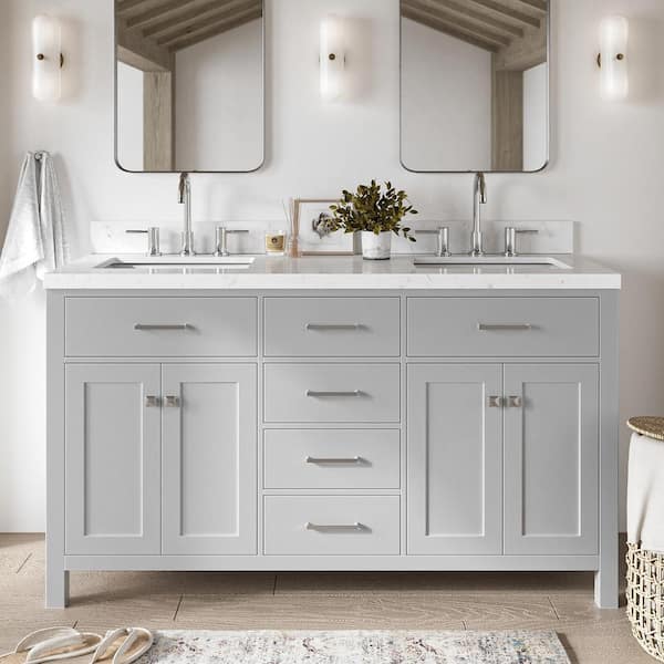 ARIEL Bristol 60.25 in. W x 22 in. D x 36 in. H Double Sink Freestanding Bath Vanity in Grey with Carrara White Quartz Top