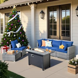 Messi Gray 6-Piece Wicker Outdoor Patio Conversation Sectional Sofa Set with a Metal Fire Pit and Navy Blue Cushions