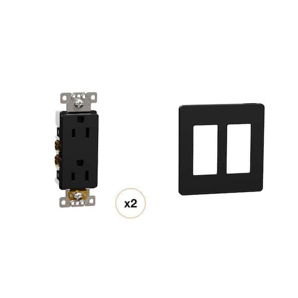 X Series 15 Amp Duplex Outlet and 2-Gang Screwless Wall Plate, Matte Black Combo