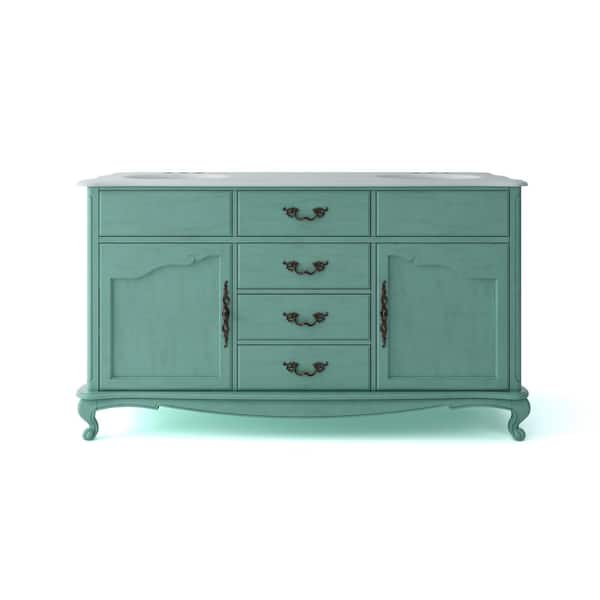 Provence 62 in. Double Sink Vintage Turquoise Bath Vanity with White Marble Top (Assembled)
